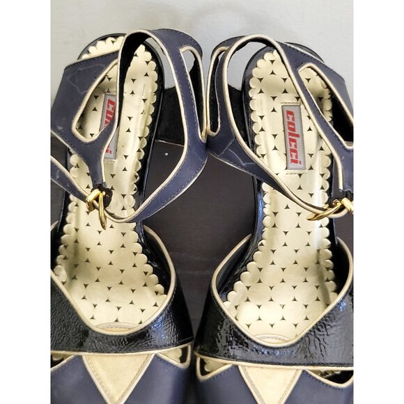 Colcci Black & Navy Peep Toe Leather Heels with Gold Trim Size 7 - Picture 5 of 8